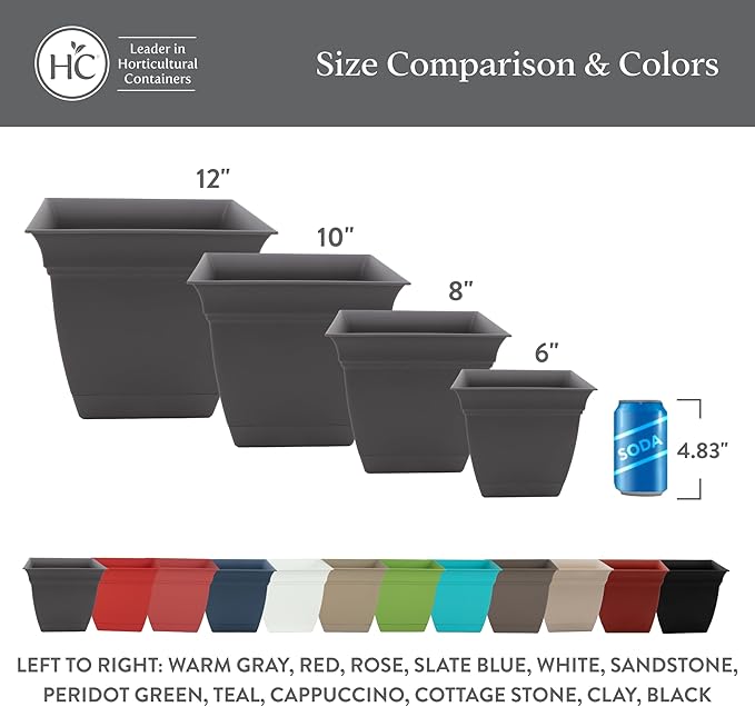 The HC Companies 12 Inch Eclipse Square Planter with Saucer – Indoor Outdoor Plant Pot for Flowers Vegetables Herbs, Cappuccino (Pack of 2)