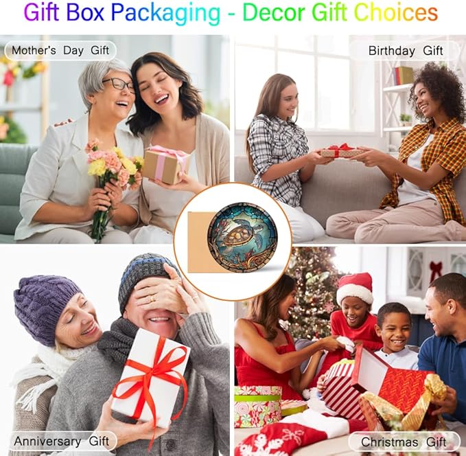 Sea Turtle Decor Suncatcher Stained Glass Window Hanging - Handmade Stained Glass Suncatchers Hangings with Hooks - Sea Art Glass Outdoor Garden Decor Gift for Women Him Valentines Day Birthday Gifts