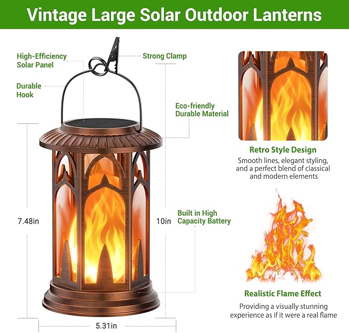 KOOPER Taller Solar Lanterns Outdoor Waterproof Hanging Solar Lantern Lights, 2Pack Upgraded Flickering Flame Lanterns Decorative Outdoor, Battery & Solar Powered lantern for Garden Yard Decor, Bronze