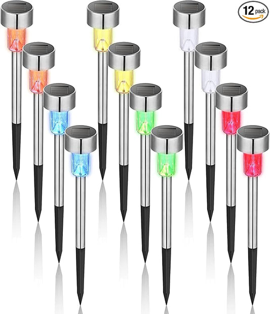 GIGALUMI 12Pack 6Color Solar Garden Lights, Solar Christmas Lights Outdoor Waterproof Decorative, Stainless Steel Led Pathway Landscape Lighting for for Landscape, Yard, Garden, Lawn and Walkway