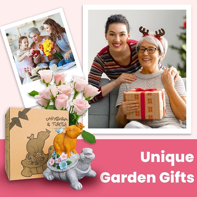 Turtle Gifts for Women, Solor Statue for Garden, Turtle and Capybara Figurine with Lights, Outdoor Decorations for Yard Lawn Patio, Gifts for Mom Grandma Mother in Law Gardener Mother'Day
