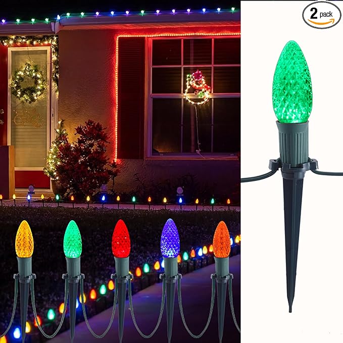 C9 Christmas Pathway Lights with Stakes,Multicolor,30 Ft 30 Strawberry LED Bulbs and Stakes,Connectable Shatterproof Outdoor Lights Marker for Xmas Yard Garden Path Lawn Walkway Sidewalk