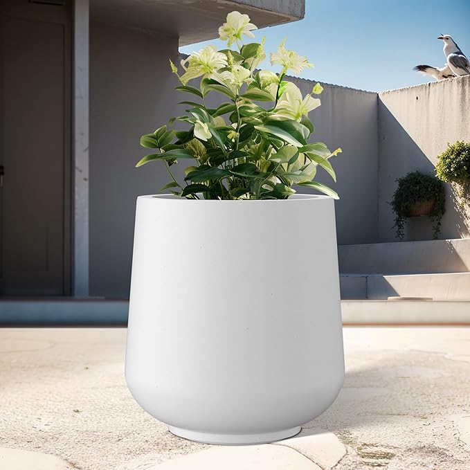 Kante 11.6" Dia Round Concrete Planter, Outdoor Indoor Large Plant Pots Containers with Drainage Hole and Rubber Plug for Home Garden Patio, Pure White