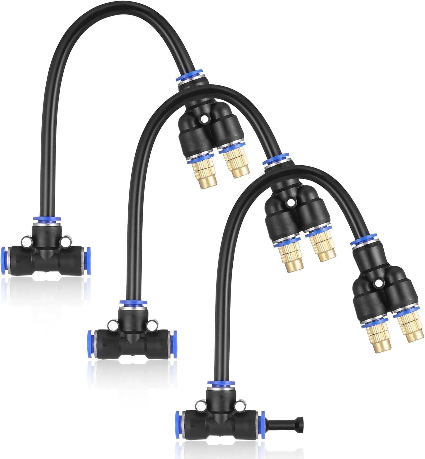 Mornajina 3Packs 2 Way Brass Misting Nozzles Tee with 9inch Built in Hose for Outdoor Cooling System, Adjustable 360° Rotation, Water Mister Nozzles Thread Sprayer 0.043" (1.1 mm)