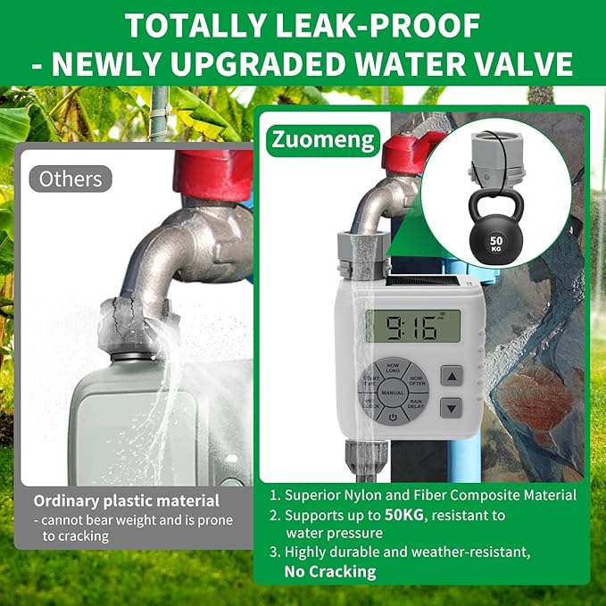 Sprinkler Timer, Zuomeng Water Timer for Garden Hose with Dual Power Design, Professional Anti-Leak Technology, Smart Irrigation with Rain Delay, Automatic/Manual Mode for Efficient Watering, Gray