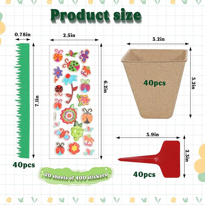 NNG 40 Set Garden Paper Pot Craft Kit,40Pcs Paper Mache Pots Peat Plant Pots with 400pcs Adhesive Foam Stickers & 40Pcs Pots Labels,Flower Plant Spring Craft for Kid DIY Flower Planting
