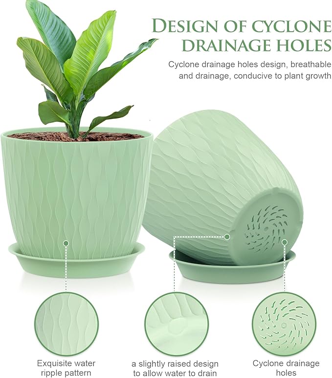 7 inch Plant Pots, 5 Pack Flower Pots with Drainage Holes and Saucers for Indoor Plants, Plastic Planters with Water Ripple for Small Garden House Plants, Nursery Pots for Succulent, Colorful