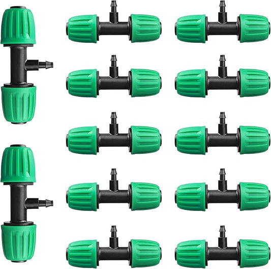 Drip Irrigation Fittings for 1/2 inch Tubing(0.63" OD) to 1/4 inch Irrigation Tubing, 12 Pieces Barbed Tee Drip Parts Twist Locked 3 Way Connectors for Drip Irrigation Hose (13mm ID / 4mm ID)