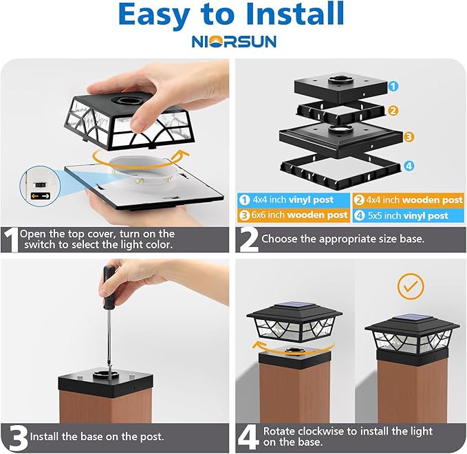 NIORSUN Solar Post Lights Outdoor 4 Pack, 2 Modes LED, Deck Fence Post Solar Lights for 3.5x3.5 4x4 5x5 5.5x5.5 Caps Patio Garden Decoration, Black