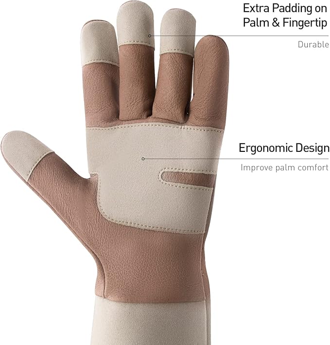 HANDLANDY Long Gardening Gloves for Men & Women, Thorn Proof Rose Pruning Gloves Leather Gauntlets Garden Gloves Yard Work Gloves (Small, Brown)