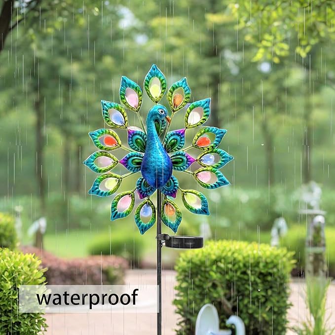 Outdoor Wind Spinner, Solar Garden Lights Metal Peacock Garden Decor,Solar Stake Lights Decorative for Patio Pathway Yard Decoration Mothers Day Ideal Gifts（Peacock Opens its Tail）
