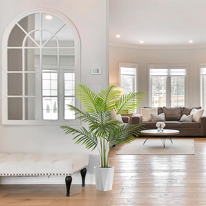 Artificial Palm Tree, 4ft Fake Areca Palm Plant with Basket, Tropical Faux Dypsis Lutescens Plants for Indoor Outdoor Home Office Shop Garden Décor