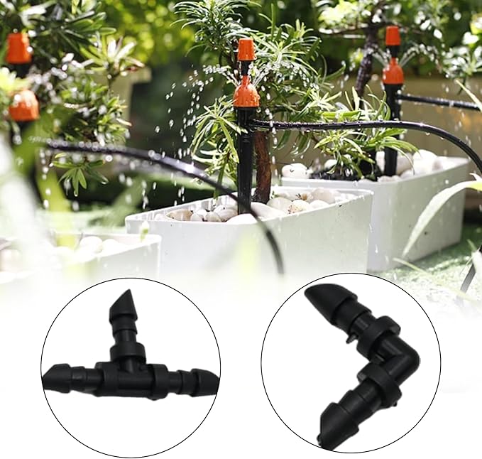 UOIENRT 110 PCS Irrigation Fittings, 1/4" Tubing with 50pcs Couplings, 20pcs Elbows, 30pcs Tees and 10pcs End Plugs for Drip or Sprinkler Systems