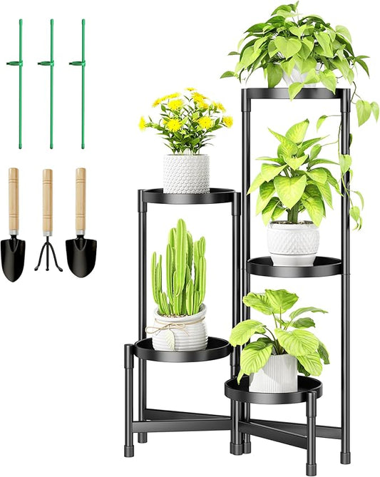 5-Tier Metal Plant Stand Indoor, Foldable Corner Plant Shelf Outdoor, Rotatable Tiered Tall Plant Stand, Black Multiple Plant Stands for Patio Living Room Balcony Garden Home Decor