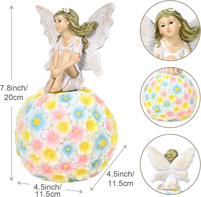 Solar Flower Fairy Garden Decor-Outdoor Fairy Statue-Garden Fairy Figurine Decor for Outside Patio Lawn Yard Porch Ornament,Resin Fairies Statues Decorations,Tall 7.8 Inches, White