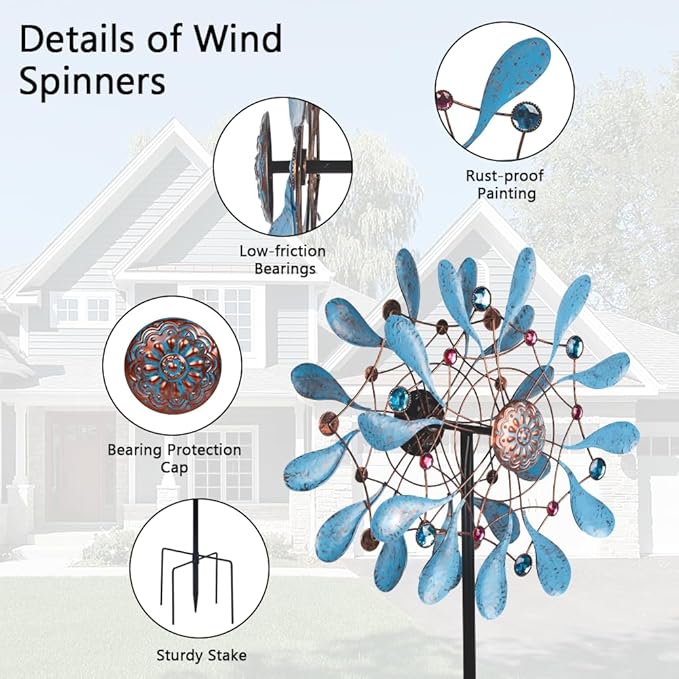 Stargarden Wind Spinners Outdoor, Large Kinetic Wind Spinner, Waterproof Blue Pinwheels with 4 Sturdy Stake, Metal Windmill for Yard, Porch Decor (21 * 90 Inches)