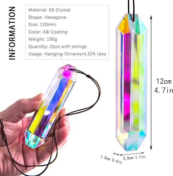 HDCRYSTALGIFTS 2PCS 5" Large Crystal Sun Catcher Prisms for Windows Indoor, AB Colored Hexagone Hanging Crystals Suncatchers, Rainbow Maker for Christmas,Patio,Chandelier,Garden Ornaments