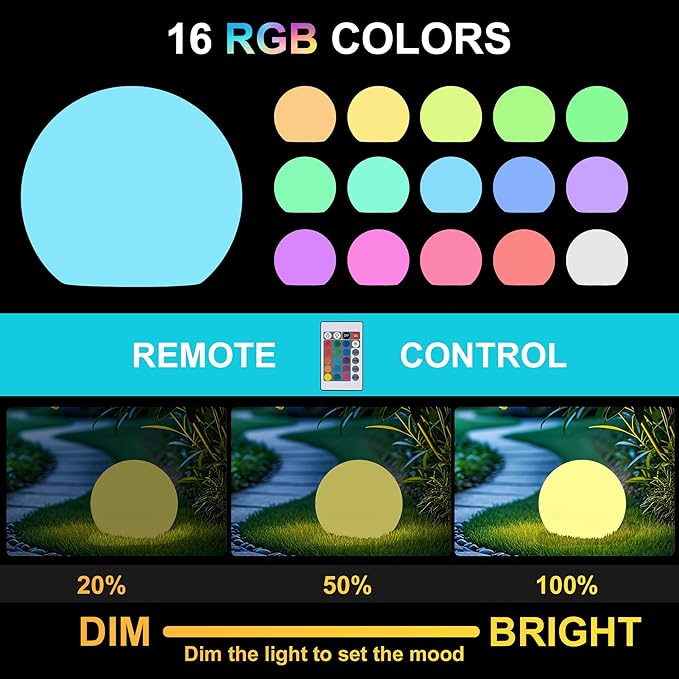 shumi Garden Ball Light-6inch LED Outdoor Table Lamp 16 RGB Colors and Dimmable Globe Light with Remote,Decor for Patio,Garden,Yard,Beach,Pathway