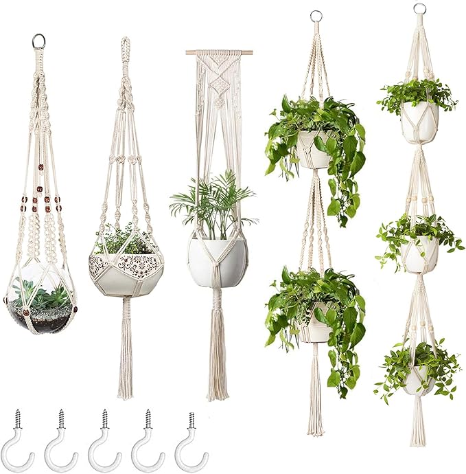 Mkono Macrame Plant Hangers, 5 Pack Different Tiers Indoor Hanging Planters Basket with 5 Hooks Decorative Flower Pots Holder Stand Boho Home Decor, Ivory