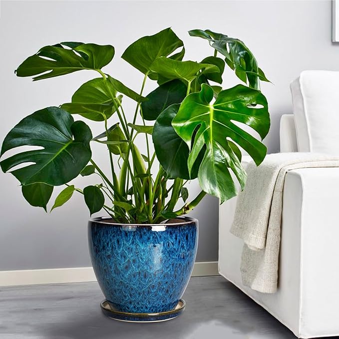 10 Inch Ceramic Planter Pot Round Plant Pot for Indoor Plants Outdoor Large Flower Pot with Drainage Hole and Saucer Blue