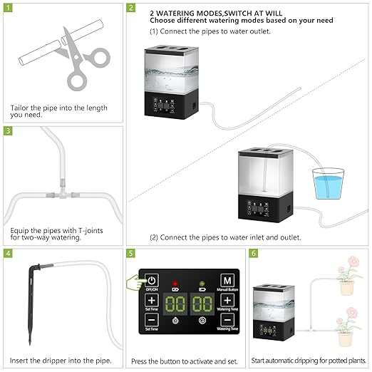 Automatic Watering System for Potted Plants,2 in 1 Automatic Drip Irrigation Kits Indoor 1.3L Tank Plant Watering System for Plants w/Programmable Water Timer,Auto & Manual Watering Mode & LED Display