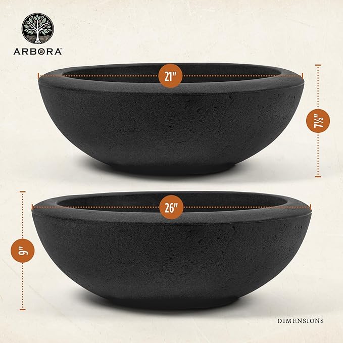 ARBORA 21" and 26” Santorini Bowls with Classic Black Finish - Polyresin Indoor and Outdoor Planters, Durable, Weatherproof, Lightweight, Large Plant Pots for Patio, Garden, Deck