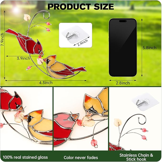 Cardinal Suncatcher Stained Glass for Window Hangings, Red Birds Suncatchers for Windows, Cardinal Sun Catcher Gifts for Women,Best Gift for Christmas,Memorial Gifts for Loss of Loved One