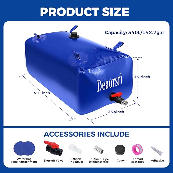 Water Storage Bladder with Two different sizes of water pipes,Portable Large Capacity Water Bladder Tank,143gallons, Foldable Water Storage Tank for RV,Camping, Agricultural Irrigation,Garden watering