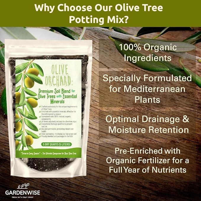 Organic Olive Tree Potting Mix – Fast-Draining, Nutrient-Rich Soil for Indoor & Outdoor Olive Trees – Mediterranean Plant Care – Long-Lasting Formula (4 QUARTS)