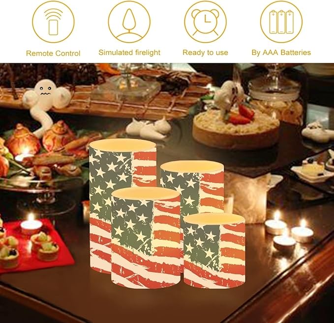 Flameless Electric Candles Decoration Lamp with Remote Timer Control Long Lasting for Fourth of July Party Decoration Home Indoor Outdoor Decor Pack of 4, American Flag Fashion