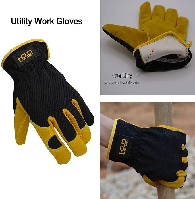 HANDLANDY Men Leather Gardening Gloves, Utility Work Gloves for Mechanics, Construction, Driver, Dexterity Breathable Design