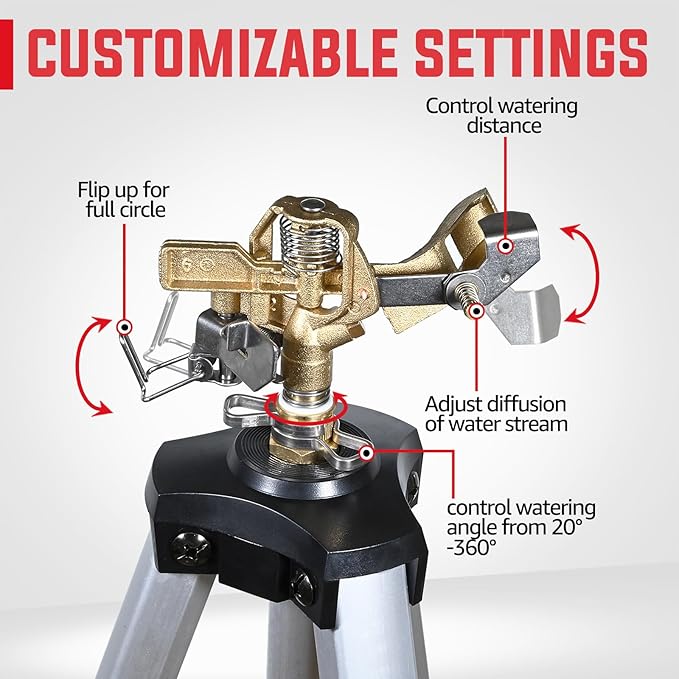 YAMATIC Impact Sprinkler on Tripod Base, 360 Degree Large Area, Heavy Duty Adjustable Pulsator Sprinkler for Lawn Yard and Grass, Spray up to 20-90ft(36inch) Brass Head, 1Pcs