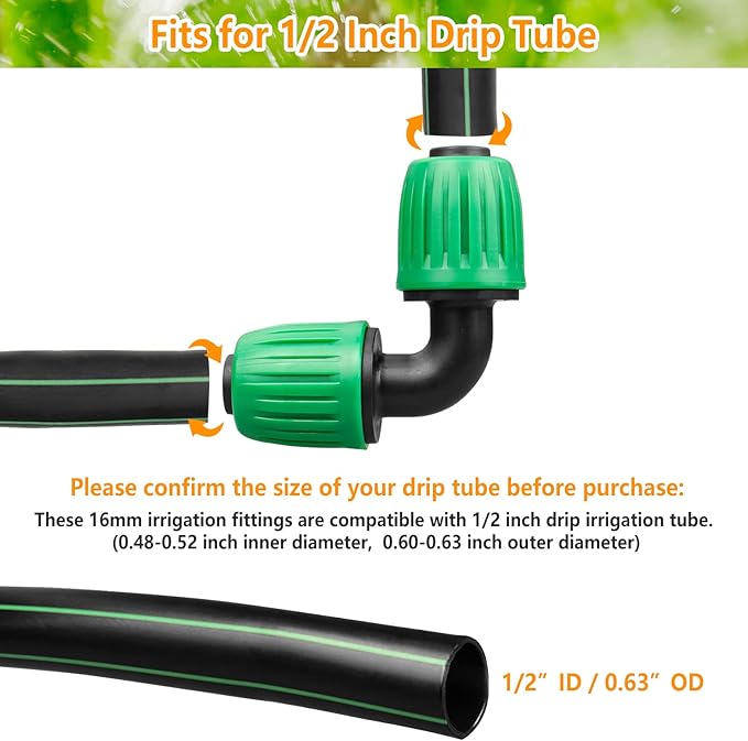 Drip Irrigation Fittings for 1/2 inch Tubing (0.60"-0.63" OD), 12 Pieces Barbed Elbow Drip Parts Locked Elbow Connectors, Drip Line Nuts Connectors for 1/2" Drip Irrigation Hose(Green)