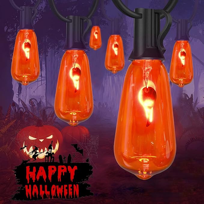 10Ft Halloween Orange Flicker Flame String Lights, ST40 Halloween Decorative String Lights Outdoor with Realistic Orange Red Flame, Hanging Halloween Orange Lights for Christmas Party Patio Decor