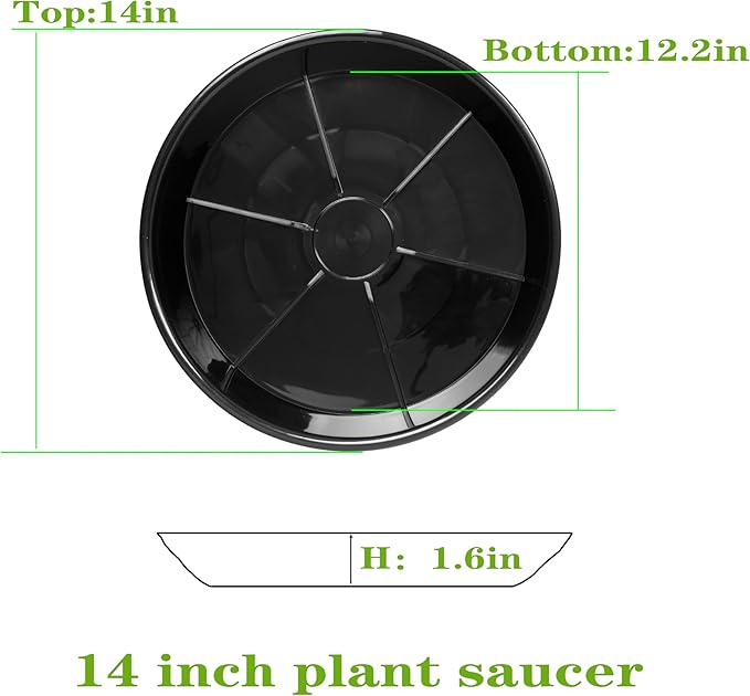 2 Pack Plant Saucer Drip Tray 13 14 inch, Large Heavy Sturdy Plastic Planter Flower Pot Saucers for Indoor Outdoor Garden, Plant Water Drip Trays for pots (14" 2Pack, Black)