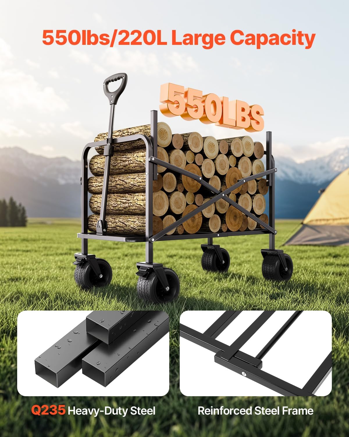 VEVOR 3-in-1 550lbs/220L Large Collapsible Folding Wagon, Convert to Bench, Foldable Beach Wagon with Wheels for Sand, Outdoor Utility Wagon for Groceries, Camping, Sports, Shopping