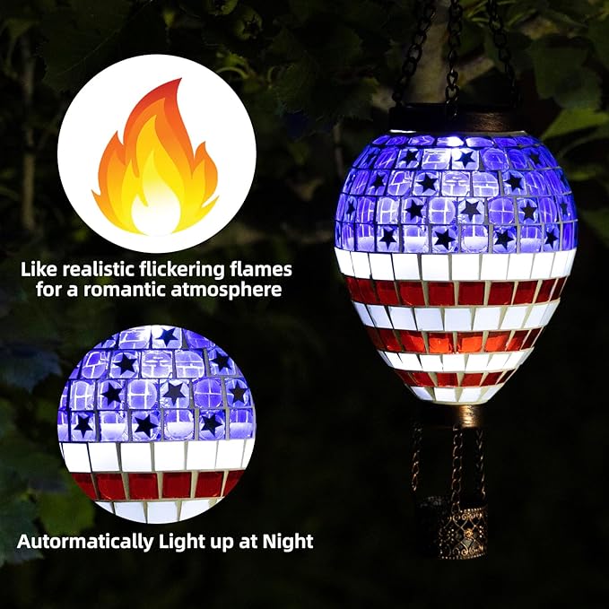 VOREEN American Flag Hot Air Balloon Solar Lantern, Mosaic Solar Outdoor Hanging Wind Light, IP44 Waterproof, Patio Festive Decor, Patriotic Theme, Easter Gifts for Mom Grandma