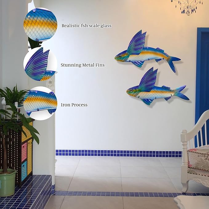 LIFFY Metal Fish Wall Decor -Outdoor Metal Fish Wall Decor - Indoor Art Sculpture - Hanging Decorations for Home, Garden, Bedroom, Sculptures, Ocean, Pool(Flying Fish Set 2,15 inch)