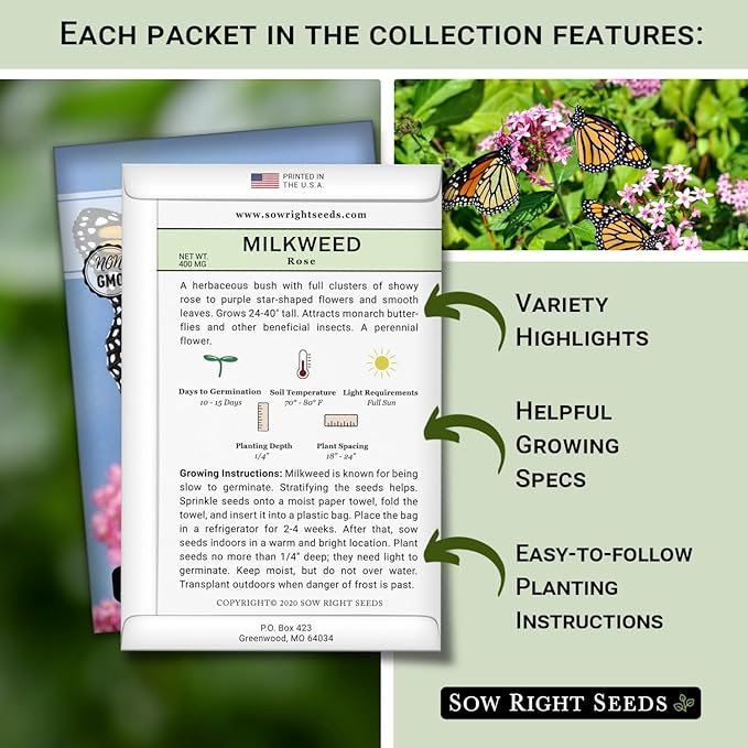 Sow Right Seeds - Milkweed Seed Collection - Varieties Included: Butterfly, Common, Rose and Showy Milkweed, Attracts Monarch and Other Butterflies to Your Garden - Non-GMO Heirloom Packet to Grow