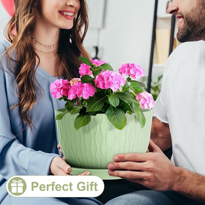 12 Inch Large Plant Pots for Indoor or Outdoor Plants, Wide Water Ripples Flower Pots with Drainage Holes & Saucer, Plastic Planters Set for Garden & Home Decor (Green)