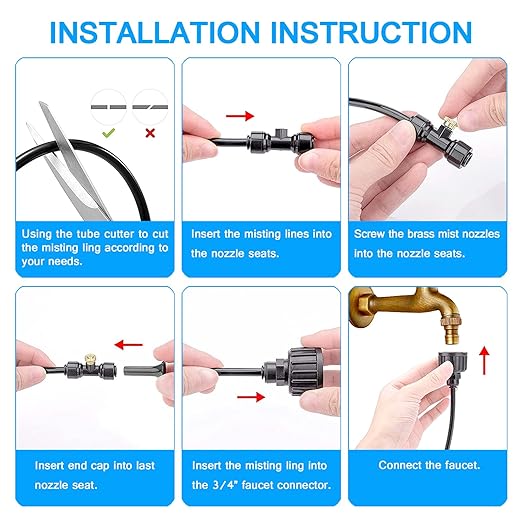 Misting Systems, Misters for Outside Patio, 100FT Misting Cooling System+30 Brass Mister System+2 PE Antioxidant Adapters 3/4"+2 Tee Adapters+2 90 Degree Elbows for Pasture, Garden, Greenhouse, Gazebo