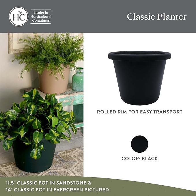 The HC Companies 8.5 Inch Round Classic Planter - Plastic Plant Pot for Indoor Outdoor Plants Flowers Herbs, Black