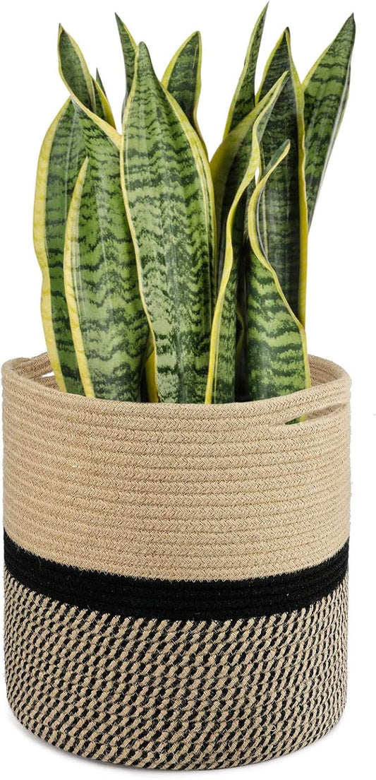TIMEYARD Sturdy Jute Rope Plant Basket Modern Woven Basket for 11" Flower Pot Floor Indoor Planters, 12.5'' x 12.5'' Storage Organizer Basket Rustic Home Decor, Black and Beige Stripes