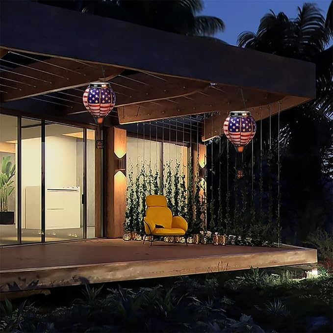 pearlstar Hot Air Balloon Solar Lantern with Flickering Flame Light Outdoor 4th of July Decorations Solar Hanging Lights Waterproof for Garden Yard Patio Outside Independence Day Decoration, Flag