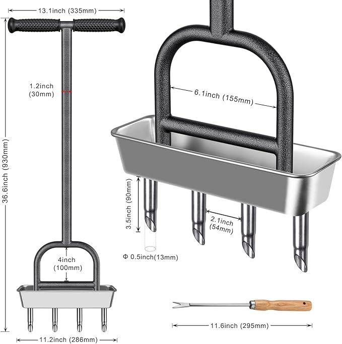 Dolibest Lawn Coring Aerator, Manual Grass Aerating Tool with Stainless Steel Soil Core Storage Tray, 4 Stainless Steel Corer Plug Aerator Tool, Garden Tool & Clean Hand Tool, Improve Lawn Health