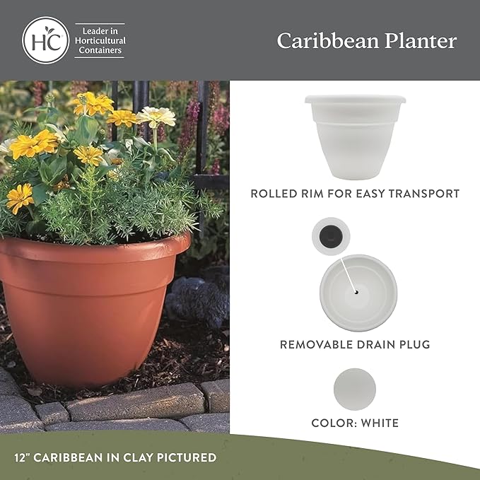 The HC Companies 20 Inch Caribbean Planter - Lightweight Indoor Outdoor Plastic Plant Pot for Herbs and Flowers, White