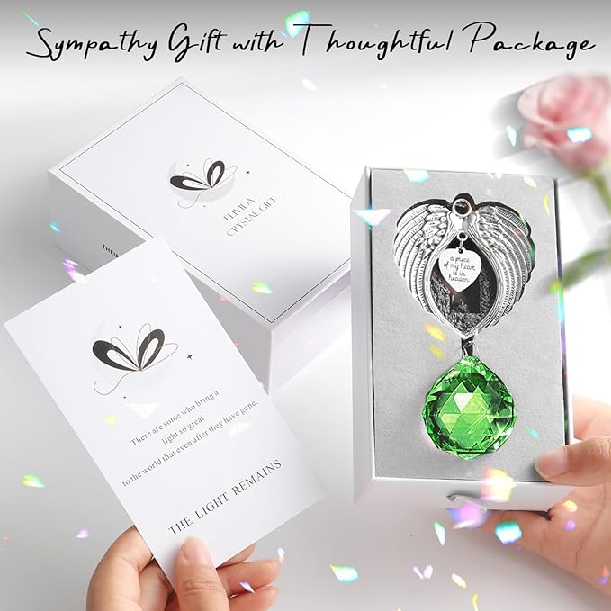 Sympathy Gift Modern Grief Gift for Lose of Loved Ones, Memorial Suncatcher with 40mm Crystal Ball, Sorry for Your Lose Rainbow Maker, Bereavement Gift Idea Angel Wings Design, Green