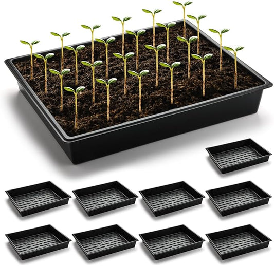 Seed Starter Tray, 10 Packs Plant Tray, Durable Plastic Growing Trays, Stackable Seedling Starter Trays Perfect for Indoor, Outdoor, Greenhouses, 16.5" L x 13.2" W x 2.8" H - Black
