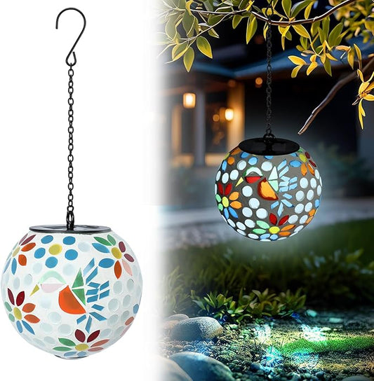 VCUTEKA Solar Chandelier Outdoor, Hanging Mosaic SolarLights with Hook Up, Solar Garden Lantern Decor for Yard, Deck and Patio, White