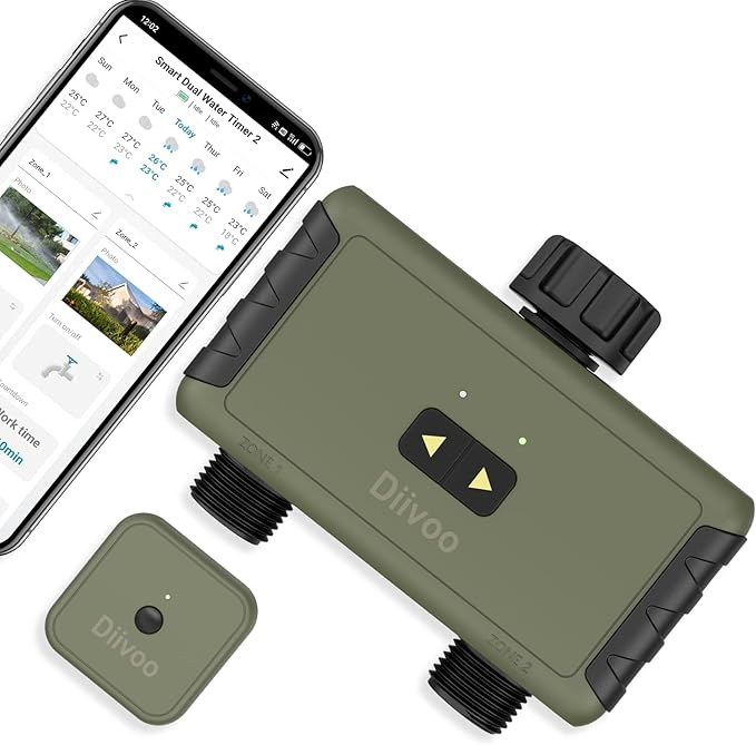 WiFi Sprinkler Timer 2 Zone, Diivoo Smart Water Timer for Garden Hose, Wireless Remote Control Irrigation System with Wi-Fi Hub, Rain Delay and Manual Watering, Leakproof for Yard Lawn Watering